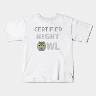 Certified Night Owl Statement with Gray and Yellow Bird (White Background) Kids T-Shirt